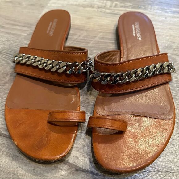 BURBERRY Brown Leather Thong Sandal Women’s Size EU 40.5 Chain Neutral - Picture 8 of 8